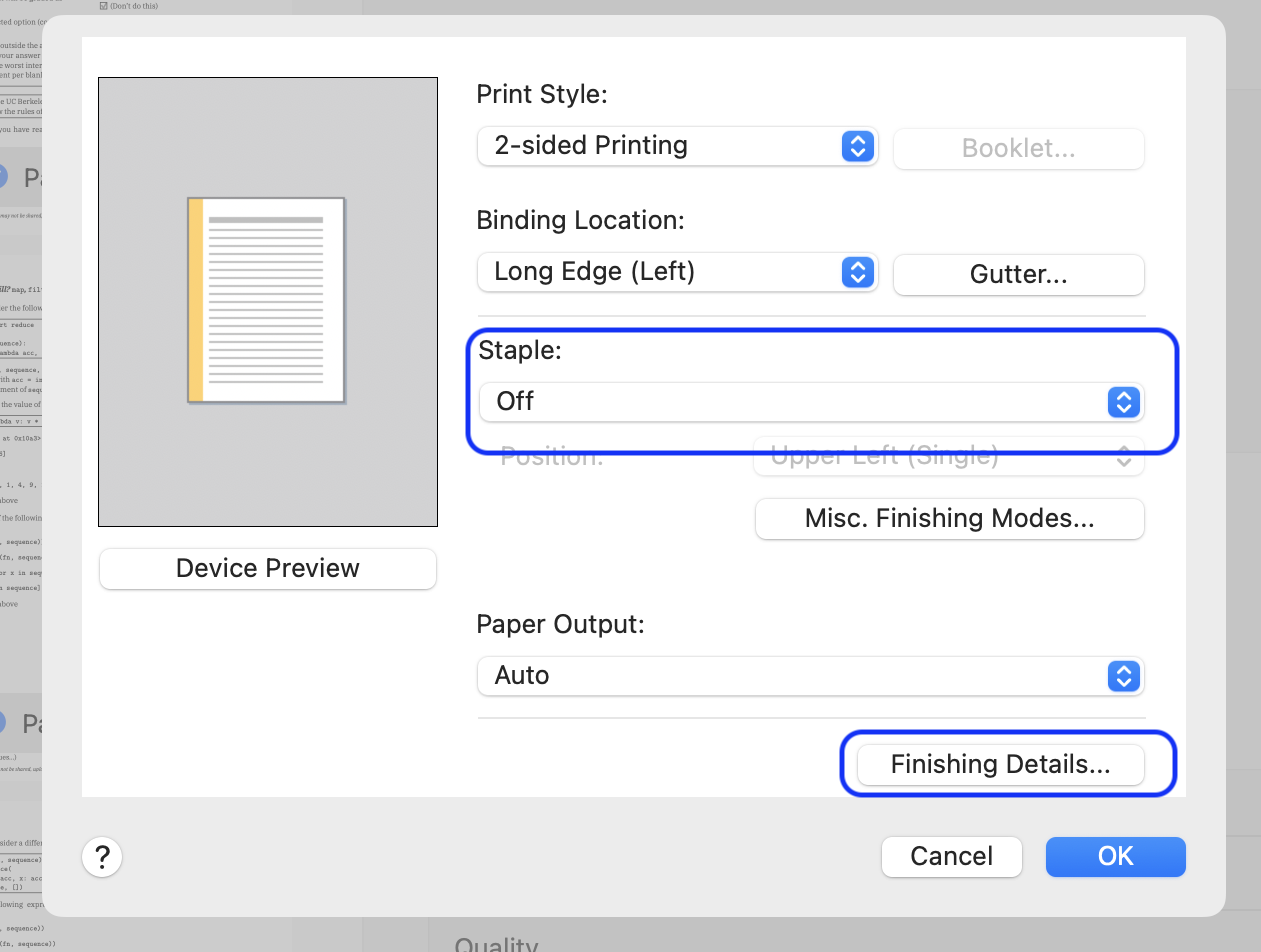 Finishing Options Screenshot